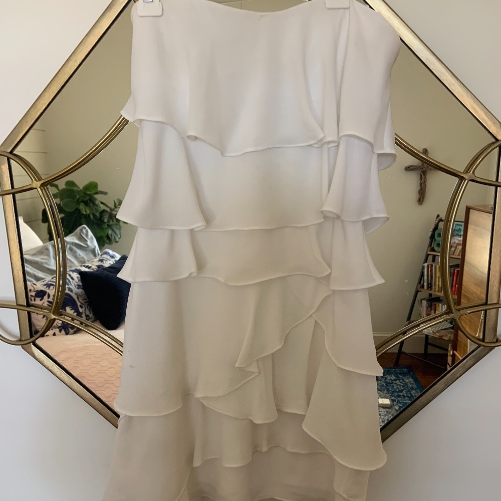 BCBG strapless white ruffle dress